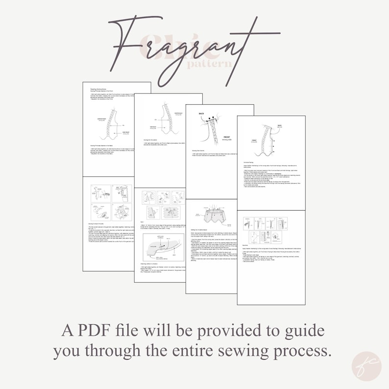 May include: A set of black and white sewing instructions for a garment. The instructions include diagrams and text. The text includes the words "Fragrant Pattern".