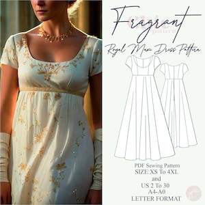 May include: A digital sewing pattern for a white maxi dress with a scoop neckline and short sleeves. The pattern is called "Fragrant" and is for sizes XS to 4XL. The pattern is available in US sizes 2 to 30 and in A4 and A0 paper sizes.