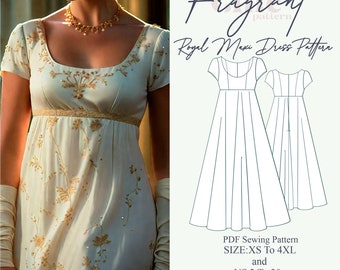 Regency Ballgown Maxi Dress Pattern , Scoop Neck Renaissance Costume , PDF Digital Sewing Pattern