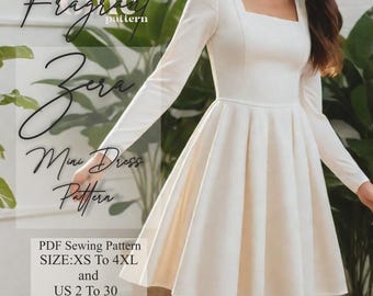 Kleid mit quadratischem Ausschnitt Schnittmuster | Schnittmuster Minikleid | Langarm Kleid Schnittmuster | Frauen Kleid Schnittmuster | PDF Digitales Schnittmuster