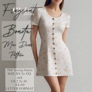 Puede incluir: Un patrón de costura PDF para un vestido mini llamado "Bonita". El patrón está disponible en tallas XS a 4XL y tallas españolas 34 a 48. El patrón está en formato carta (A4-A0).