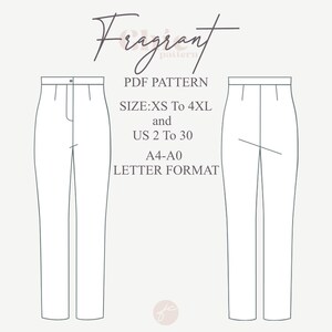 Puede incluir: Un patr&oacute;n de costura PDF para pantalones, llamado "Fragrant Pattern", para las tallas XS a 4XL y las tallas espa&ntilde;olas 34 a 52. El patr&oacute;n est&aacute; disponible en formato A4 y A0.