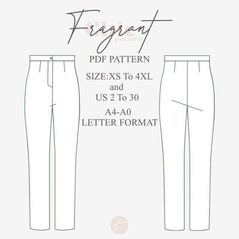 Puede incluir: Un patr&oacute;n de costura PDF para pantalones, llamado "Fragrant Pattern", para las tallas XS a 4XL y las tallas espa&ntilde;olas 34 a 52. El patr&oacute;n est&aacute; disponible en formato A4 y A0.