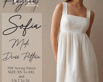 Patrón de vestido de escote cuadrado, patrón de vestido midi, patrón de vestido de mujer, patrón de vestido de lino, patrón de costura digital en PDF