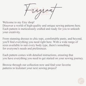 May include: Text overlay on a white background that reads "Fragrant pattern". The text below describes a shop selling sewing patterns for dresses, tops, pants, and more. The text also mentions that each pattern comes with detailed instructions.