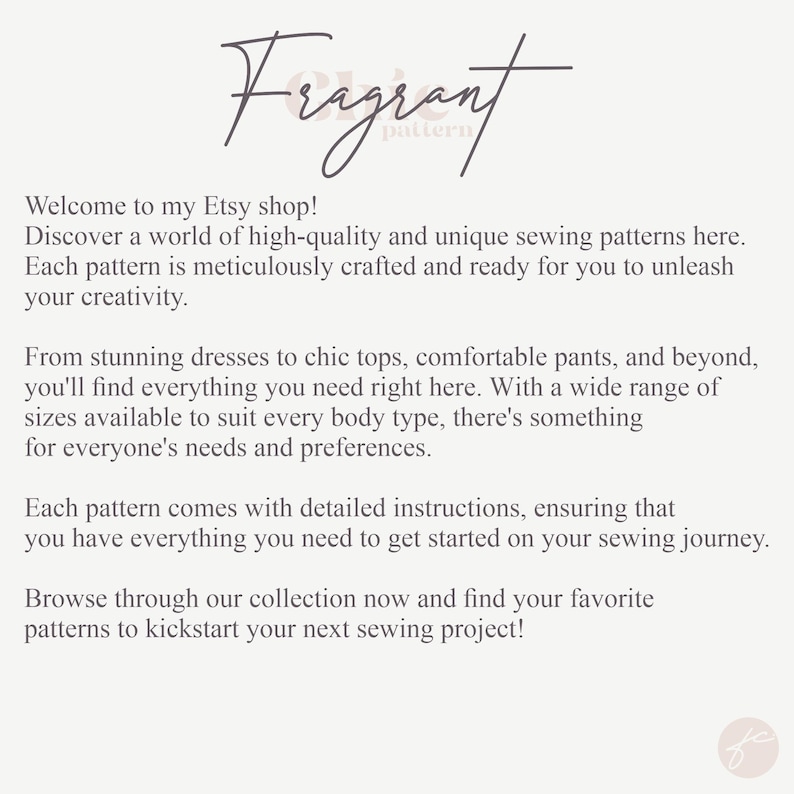 May include: Text overlay on a white background that reads "Fragrant pattern". The text below describes a shop selling sewing patterns for dresses, tops, pants, and more. The text also mentions that each pattern comes with detailed instructions.