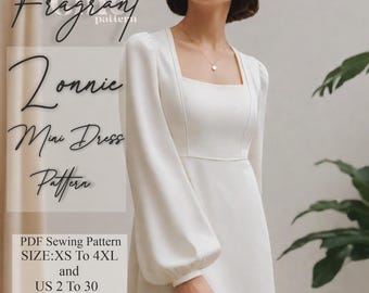 Square Neck Dress Sewing Pattern | Long Sleeve Dress Pattern | Mini Dress Sewing Pattern | Women Dress Pattern | PDF Digital Sewing Pattern