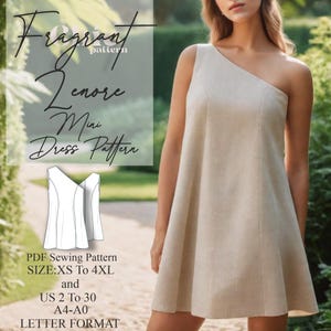 May include: A PDF sewing pattern for a mini dress with a one-shoulder design. The pattern is available in sizes XS to 4XL and UK sizes 2 to 30. The pattern is in A4-A0 letter format.