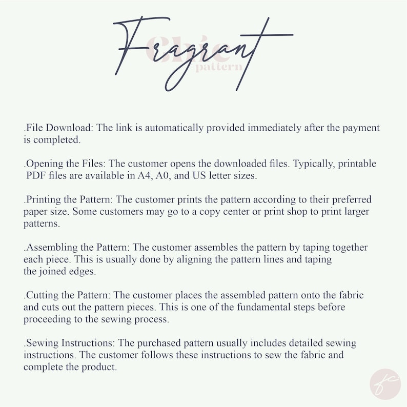 May include: A text-based document with instructions for assembling and sewing a pattern. The document includes the title "Fragrant pattern" and details the steps involved in downloading, printing, assembling, cutting, and sewing the pattern.