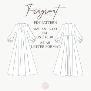 May include: A black and white line drawing of a dress pattern for a long, flowing dress with a V-neck and long sleeves. The text "Fragrant pattern" is at the top of the image. The text "PDF PATTERN" is below the dress. The text "SIZE:XS To 4XL and US 2 To 30 A4-A0 LETTER FORMAT" is below the pattern.