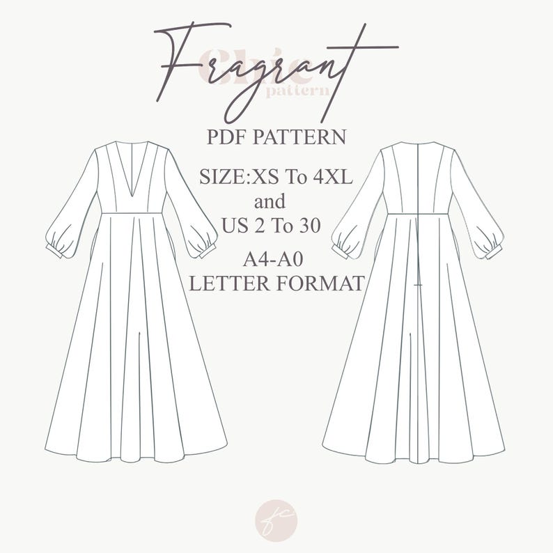 May include: A black and white line drawing of a dress pattern for a long, flowing dress with a V-neck and long sleeves. The text "Fragrant pattern" is at the top of the image. The text "PDF PATTERN" is below the dress. The text "SIZE:XS To 4XL and US 2 To 30 A4-A0 LETTER FORMAT" is below the pattern.