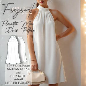 Neckholder-Minikleid-Muster, Sommer-Brautkleid, Abendballkleid, Ballkleid-elegantes Kleid, Cottagecore-Kleid, PDF Digitales Schnittmuster
