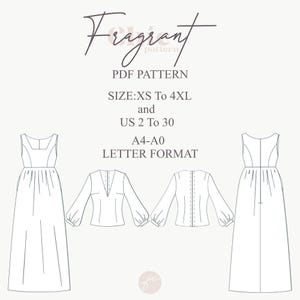 May include: A PDF sewing pattern featuring the word "Fragrant" in script. The pattern includes illustrations of a dress and a blouse. The size range is XS to 4XL and US sizes 2 to 30. The pattern is available in A4-A0 letter format.