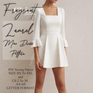 Patrón de costura de minivestido / Patrón de costura de vestido de mujer / Patrón de vestido de escote cuadrado / Patrón de vestido de manga acampanada / Patrón de costura digital en PDF