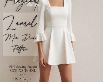 Modello di cucito per mini abito / Modello di cucito per abito da donna / Modello di abito con scollo quadrato / Modello di abito con maniche a campana / Modello di cucito digitale PDF