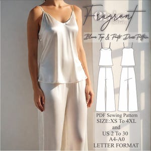 Puede incluir: Un patrón de costura digital para una blusa blanca sin mangas y pantalones anchos. El patrón está disponible en tallas XS a 4XL y tallas españolas 34 a 52. El patrón está en formato carta e incluye instrucciones para coser la blusa y los pantalones.