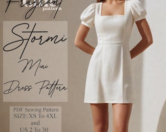 Square Neck Dress Sewing Pattern, Short Bishop Sleeve Dress, Mini Dress Sewing Pattern,Women Dress Sewing Pattern,PDF Digital Sewing Pattern