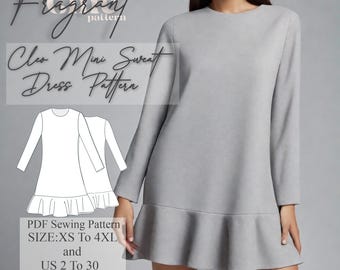 Sweater Dress Sewing Pattern, Mini Dress Sewing Pattern, Easy Beginner Pattern, Ruffle Hem Sweatshirt Dress, PDF Digital Sewing Pattern