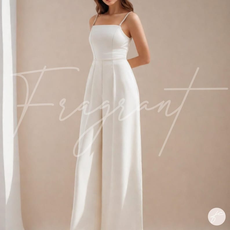 May include: A white sleeveless jumpsuit with a square neckline and wide legs. The jumpsuit has a fitted bodice and a flowy skirt.