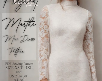 Patrón de costura de vestido de cuello alto, Patrón de vestido de manga larga, Patrón de costura de minivestido, Patrón de vestido de mujer, Patrón de costura digital en PDF