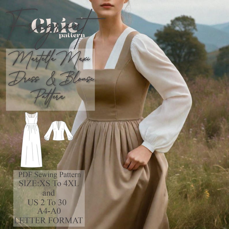 May include: A tan maxi dress with white sleeves and a square neckline, worn by a woman. The image is a sewing pattern, with the text "Martella Maxi Dress & Blouse Pattern" and "PDF Sewing Pattern SIZE: XS to 4XL and US 2 to 30 A4-A0 LETTER FORMAT".