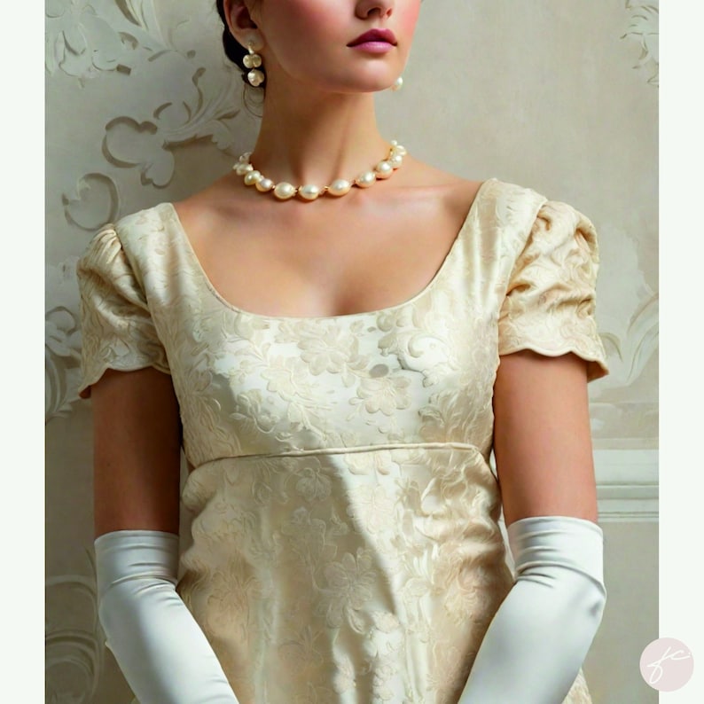 May include: A woman wearing a white, floral patterned dress with a pearl necklace and earrings. She is wearing white gloves and has her hair pulled back.