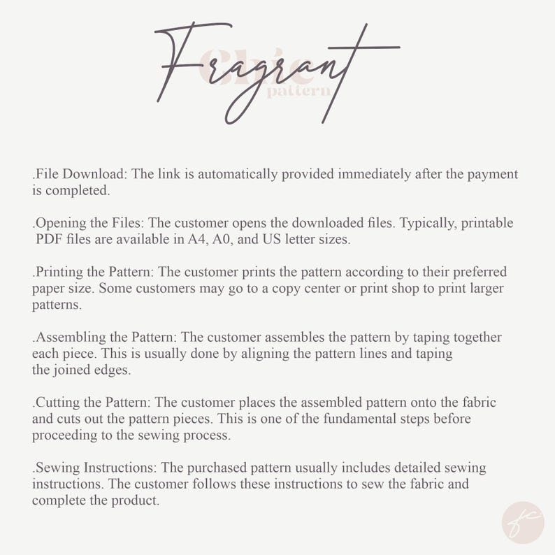 May include: A text document with instructions for assembling and sewing a pattern. The document includes the text "Fragrant pattern" at the top.