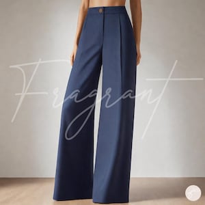 May include: Wide-leg, navy blue pants with a high waist and a button closure. The pants have a tailored, classic look.