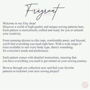 May include: Text overlay on a white background that reads "Fragrant pattern". The text below describes a shop selling sewing patterns for clothing, including dresses, tops, pants, and more. The text also mentions that each pattern comes with detailed instructions.