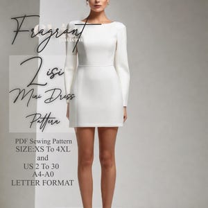 Padrão de costura para vestido com decote canoa, Padrão de costura para vestido curto, Padrão de vestido de manga comprida, Padrão de costura para vestido feminino, Padrão de costura digital em PDF