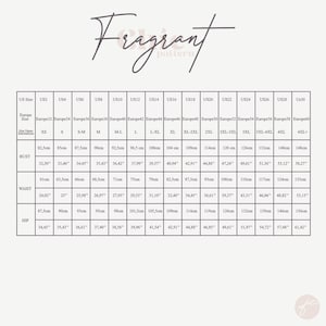 May include: A size chart for clothing with measurements in inches and centimeters. The chart includes US sizes 2 through 30 and corresponding European sizes 32 through 60. Measurements are provided for bust, waist, and hip.