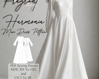 Maxi Dress Sewing Pattern , Long Sleeve Dress Pattern, Women Dress Pattern, Prom Dress Pattern, Graduation Dress, Digital PDF Sewing Pattern
