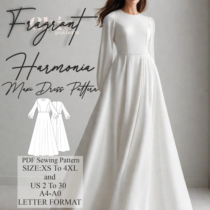 May include: A white maxi dress with long sleeves. The dress has a fitted bodice and a flowing skirt. The image also includes text that reads "Fragrant Harmonia Maxi Dress Pattern" and details about the pattern sizes and format.