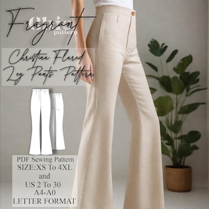 Puede incluir: Un patrón de costura PDF para pantalones acampanados llamado "Fragrant Christine Flared Leg Pants Pattern". El patrón está disponible en tallas XS a 4XL, tallas españolas 34 a 52, y en formato A4-A0.