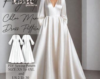 May include: A white maxi dress sewing pattern with a V-neck and long sleeves. The pattern is available in sizes XS to 4XL and US sizes 2 to 30. The pattern is printed on A4 and A0 paper in letter format.