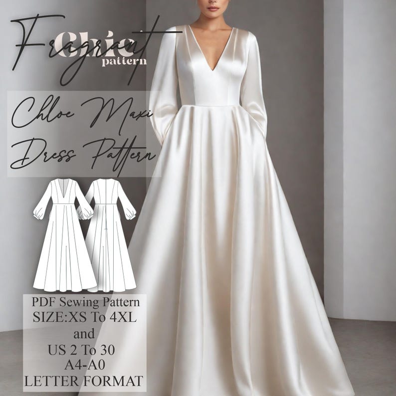 May include: A white maxi dress sewing pattern with a V-neck and long sleeves. The pattern is available in sizes XS to 4XL and US sizes 2 to 30. The pattern is printed on A4 and A0 paper in letter format.