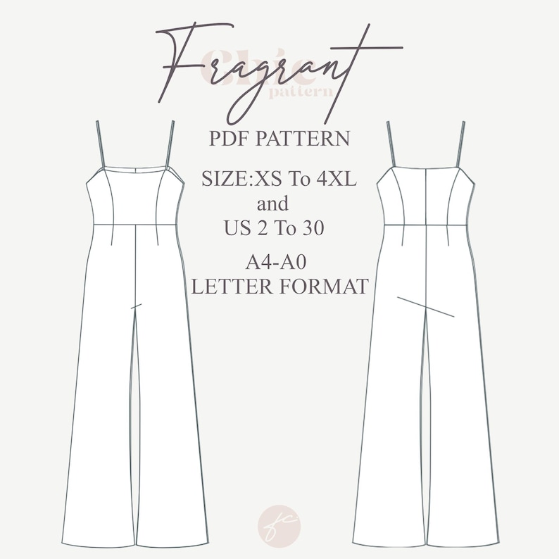 May include: A black and white line drawing of a jumpsuit pattern for sewing. The pattern includes a front and back view of the jumpsuit. The text "Fragrant pattern" is at the top of the image. The text "PDF PATTERN" is below the drawing. The text "SIZE:XS To 4XL and US 2 To 30" is below the "PDF PATTERN" text. The text "A4-A0 LETTER FORMAT" is below the size text.