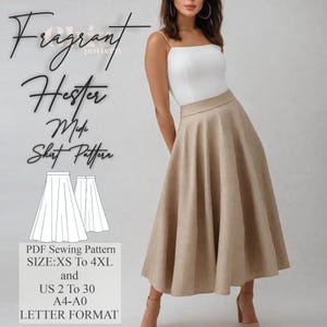 Op de afbeelding: Een PDF-naai-patroon voor een midi-rok genaamd "Fragrant Hester Midi Skirt Pattern". Het patroon is verkrijgbaar in maten XS tot 4XL en Nederlandse maten 34 tot 52. Het patroon is in A4-A0 formaat.