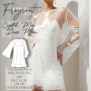 Peut inclure: Patron de couture pour une robe mini blanche avec une superposition transparente et un motif de cristaux. Le patron est disponible dans les tailles XS à 4XL et les tailles françaises 34 à 48. Le patron est au format A4-A0.