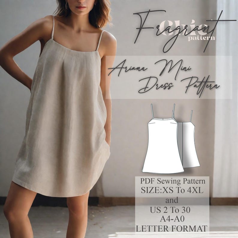 May include: A digital sewing pattern for a mini dress called "Ariana" in a white outline on a beige background. The pattern is available in sizes XS to 4XL, US sizes 2 to 30, and in A4 and A0 letter format.