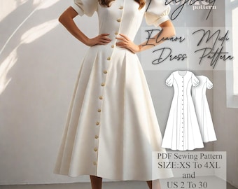 Button Down Dress Sewing Pattern,Cottagecore Dress,Evening Gown Dress,Puff Sleeve Dress,Flared Dress,PDF Digital Sewing Pattern