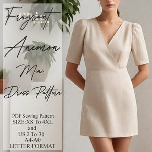 Wrap Neck Dress Sewing Pattern , Mini Dress Sewing Pattern , Women Dress Sewing Pattern , Linen Dress Pattern , PDF Digital Sewing Pattern