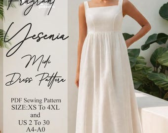Midi Dress Sewing Pattern, Gathered Dress Sewing Pattern,  Women Sewing Dress Pattern, Boho Linen Dress Pattern, Digital PDF Sewing Pattern
