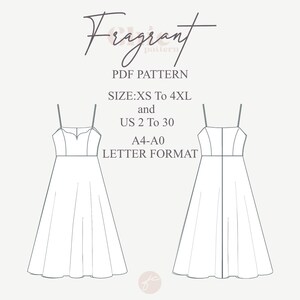 May include: A black and white line drawing of two sleeveless dresses. The dress on the left has a sweetheart neckline and the dress on the right has a square neckline. The text "Fragrant pattern" is at the top of the image. The text "PDF PATTERN" is below the image of the dresses. The text "SIZE:XS To 4XL and US 2 To 30 A4-A0 LETTER FORMAT" is below the text "PDF PATTERN".
