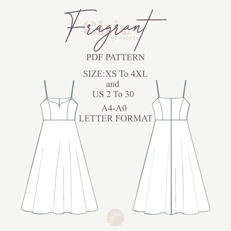 May include: A black and white line drawing of two sleeveless dresses. The dress on the left has a sweetheart neckline and the dress on the right has a square neckline. The text "Fragrant pattern" is at the top of the image. The text "PDF PATTERN" is below the image of the dresses. The text "SIZE:XS To 4XL and US 2 To 30 A4-A0 LETTER FORMAT" is below the text "PDF PATTERN".