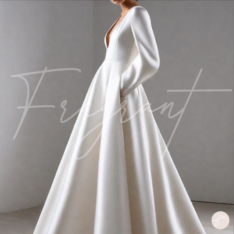May include: A white satin wedding dress with a deep V-neckline and long sleeves. The dress has a fitted bodice and a flowing skirt.