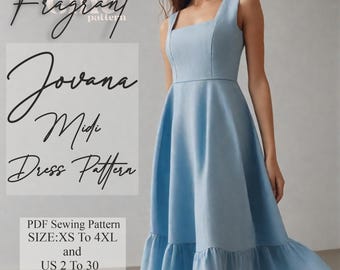 Midi Dress Sewing Pattern,Ruffle Dress Pattern,Square Neck Dress Pattern,Women Dress Sewing Pattern,Summer Dress,PDF Digital Sewing Pattern