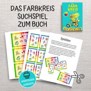 Peut inclure: Un jeu à imprimer intitulé DAS FARBKREIS SUCHSPIEL ZUM BUCH, comprenant une couverture de livre avec un personnage aux cheveux jaunes sur un scooter, plusieurs feuilles de cartes de jeu colorées, une page d'instructions et une icône d'imprimante.