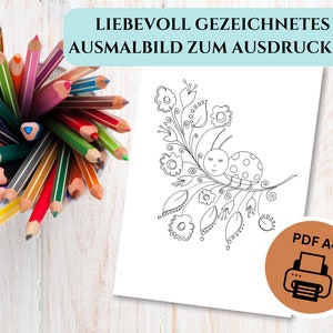 Coloring page for children - Ladybug, unique and hand-drawn, Digital download - PDF, A4, gift to color, lucky charm