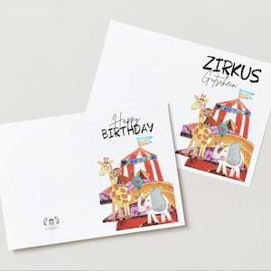Digitale verjaardagskaart circus en circusvoucherkaart A5 en A6, kinderverjaardag, print & vouw, collagewerk, PDF 2 formaten